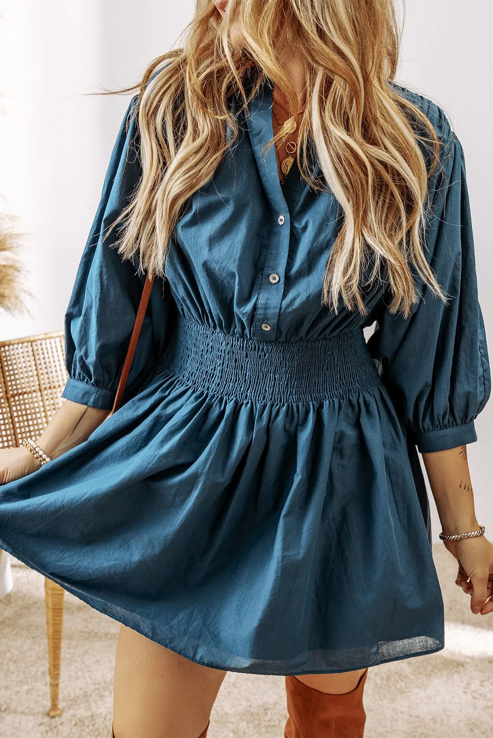 3/4 Sleeve Shirred High Waist Mini Dress