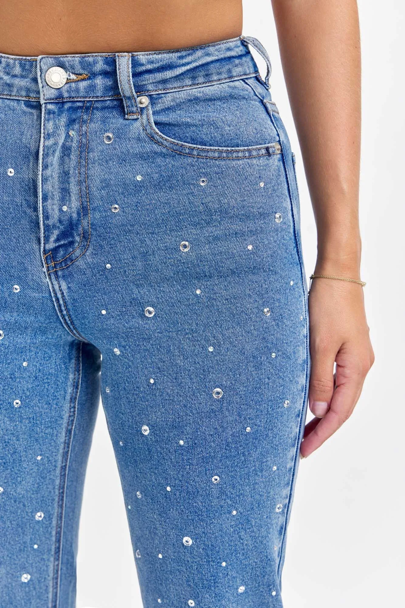 ALLOVER RHINESTONE STRAIGHT LEG JEANS