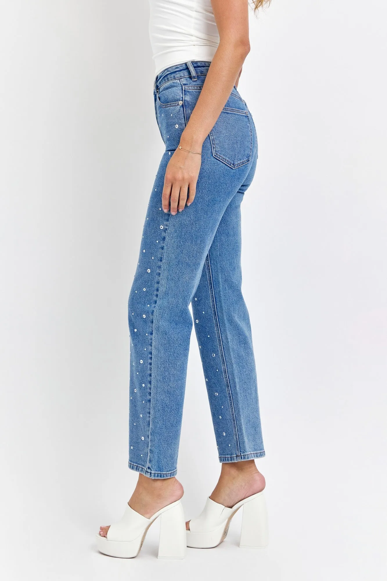 ALLOVER RHINESTONE STRAIGHT LEG JEANS