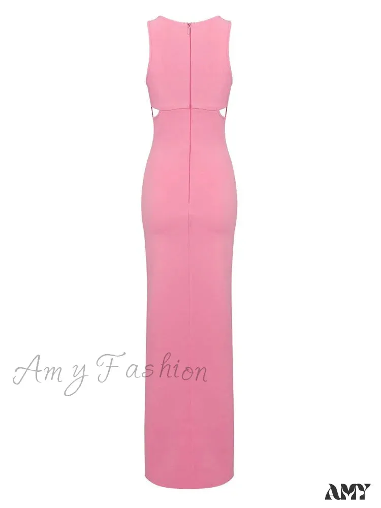 Amy Fashion - Metal Circle Design Bodycon Bandage Long Dresses