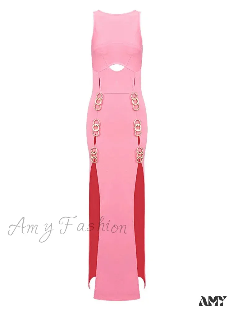 Amy Fashion - Metal Circle Design Bodycon Bandage Long Dresses