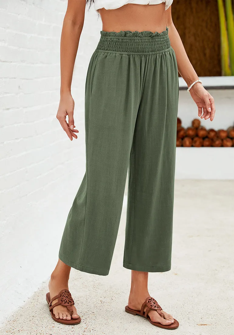 Army Green Women's High Waisted Wide Leg Elastic Waist Linen Palazzo Pants Pull On Smock Waist Baggy Fit Trousers