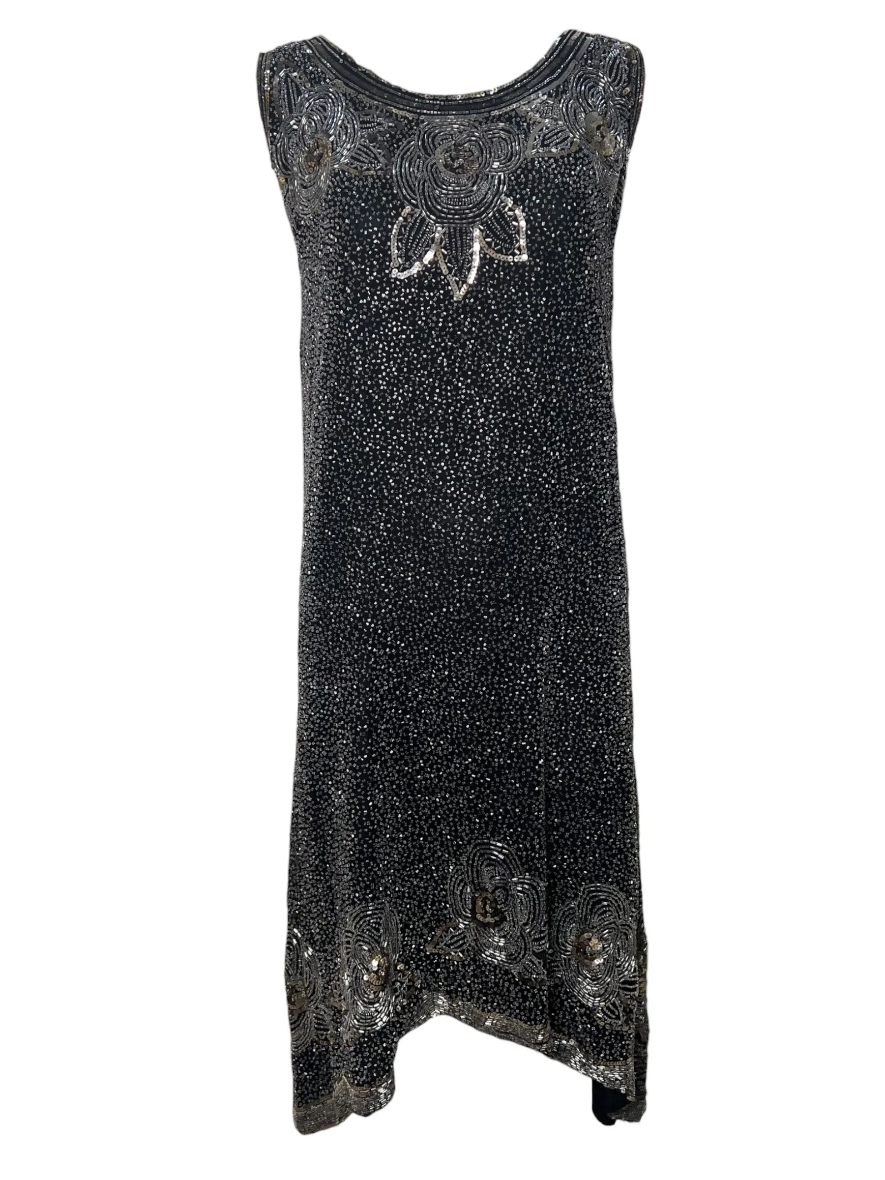 Authentic 1920's Gold and Silver Cotton Beaded and Sequined Black Shift Dress