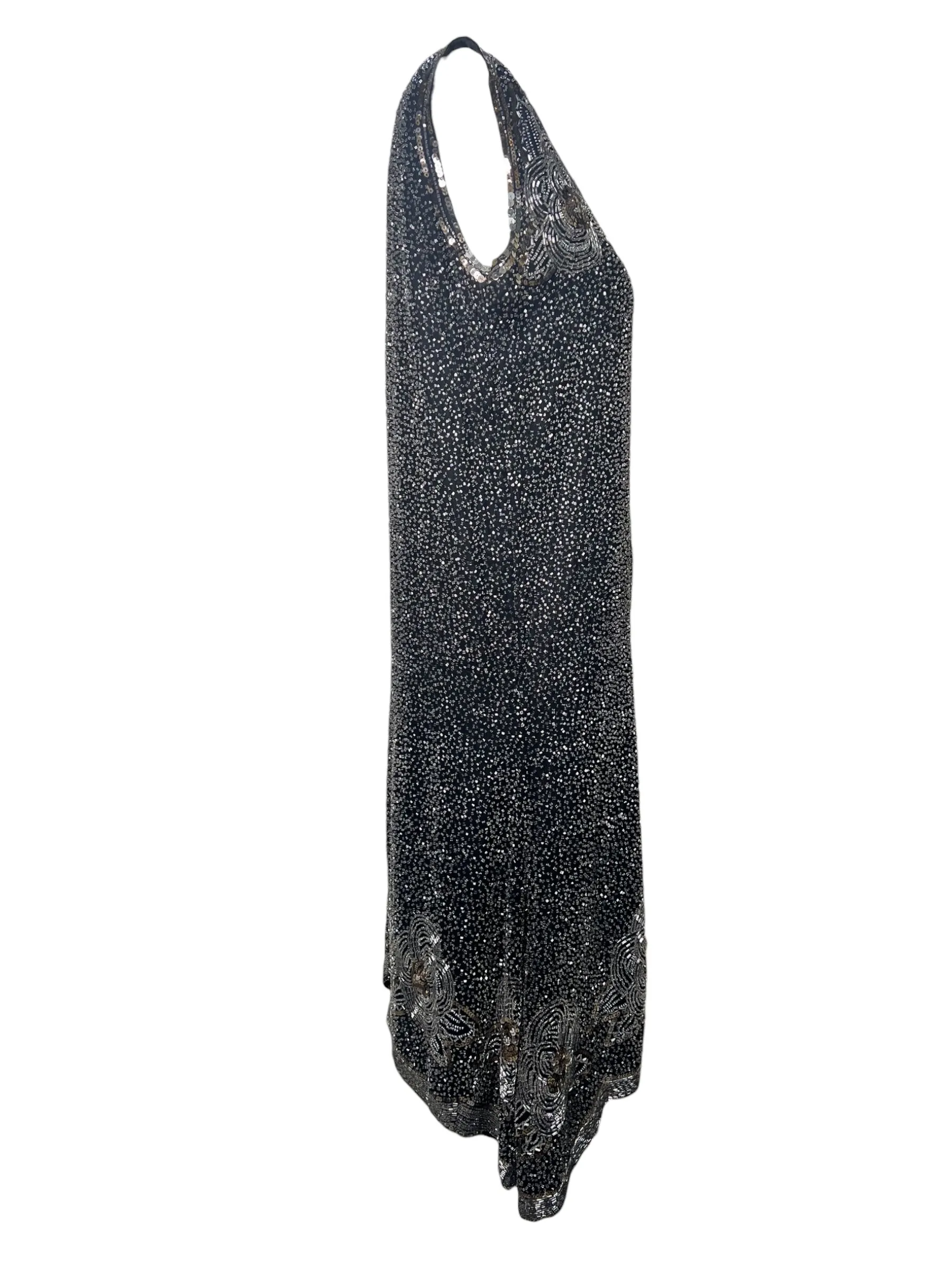 Authentic 1920's Gold and Silver Cotton Beaded and Sequined Black Shift Dress