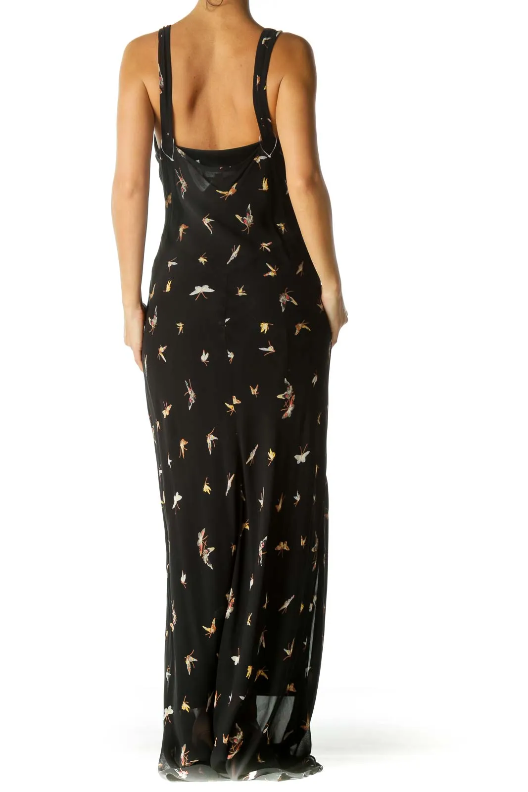 Black Beige Yellow Butterfly Print Maxi Dress