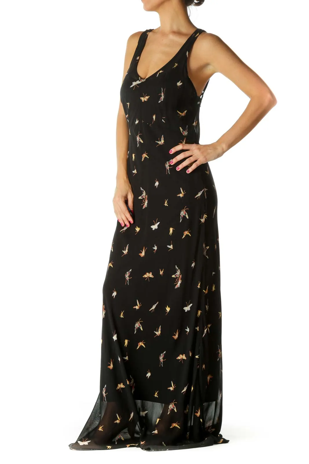 Black Beige Yellow Butterfly Print Maxi Dress