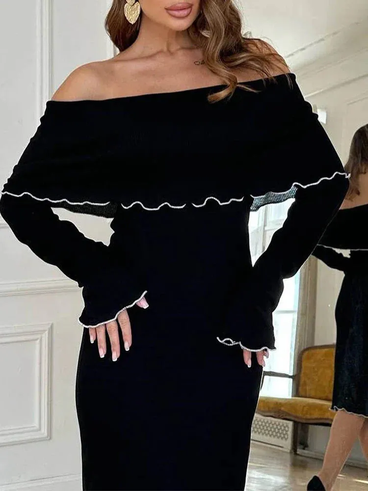 Black Sexy Long Slash Neck Bodycon Dress for Autumn Winter Party Clubwear