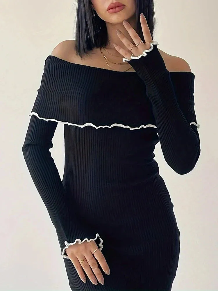 Black Sexy Long Slash Neck Bodycon Dress for Autumn Winter Party Clubwear