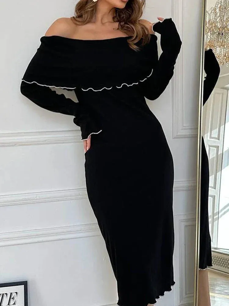 Black Sexy Long Slash Neck Bodycon Dress for Autumn Winter Party Clubwear