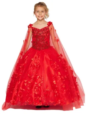 Bliss Little Girls Red 3D Stone Pearl Sweetheart Floral Cape Ball Gown 2-6