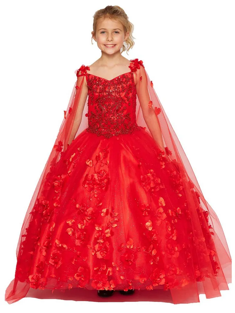 Bliss Little Girls Red 3D Stone Pearl Sweetheart Floral Cape Ball Gown 2-6