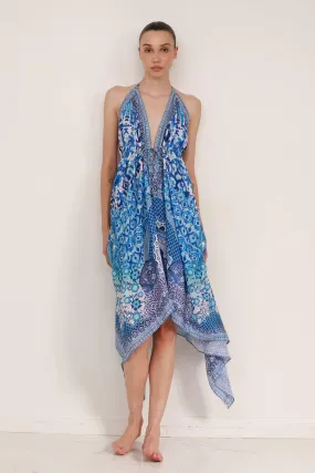 Blue Printed Scarf Dress For Women