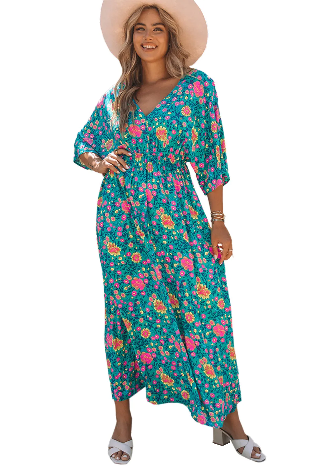 Boho Deep V Neck Floral Maxi Dress