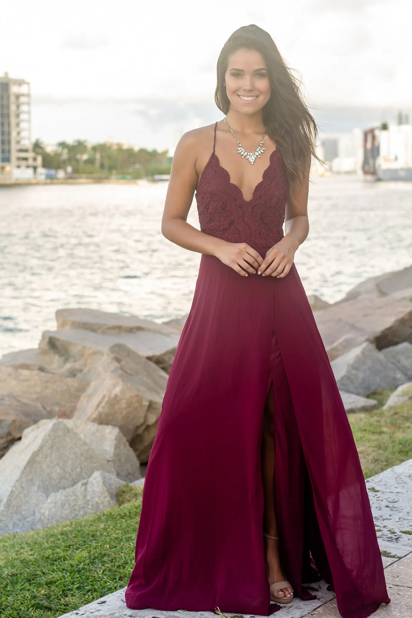 Burgundy Crochet Top Maxi Dress with Criss Cross Back