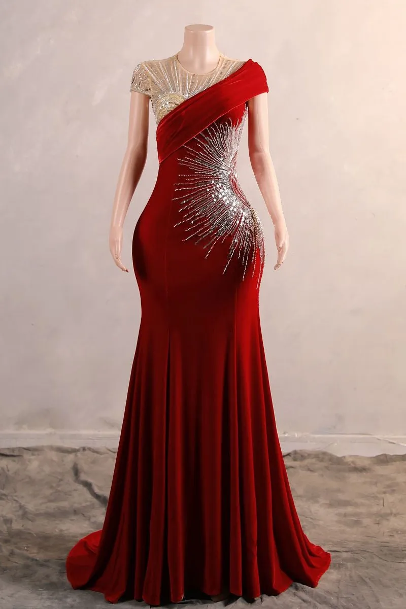 Burgundy Prom Dresses Bodycon Velvet Long Formal Dresses with Embroidered Beadings