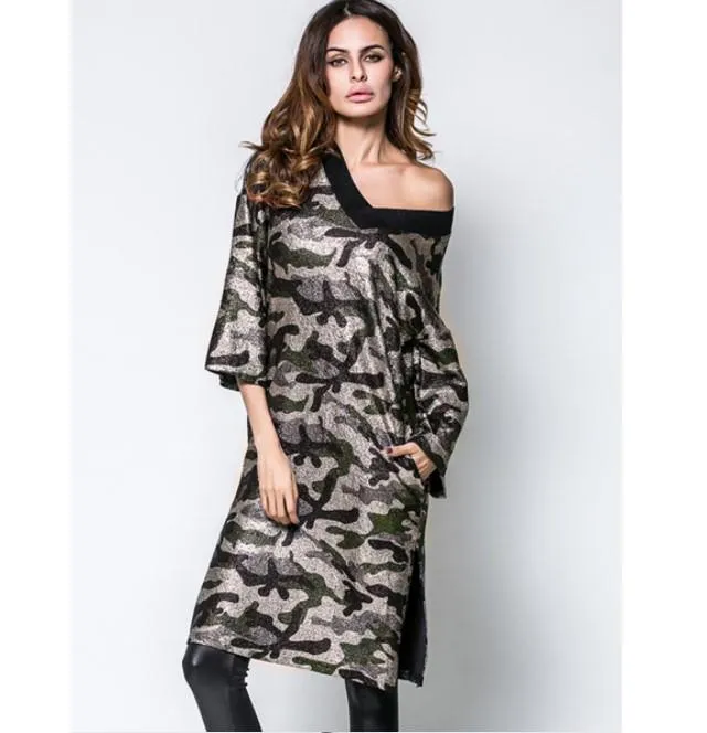 Camouflage V Neck Long Sleeve Shift Dresses