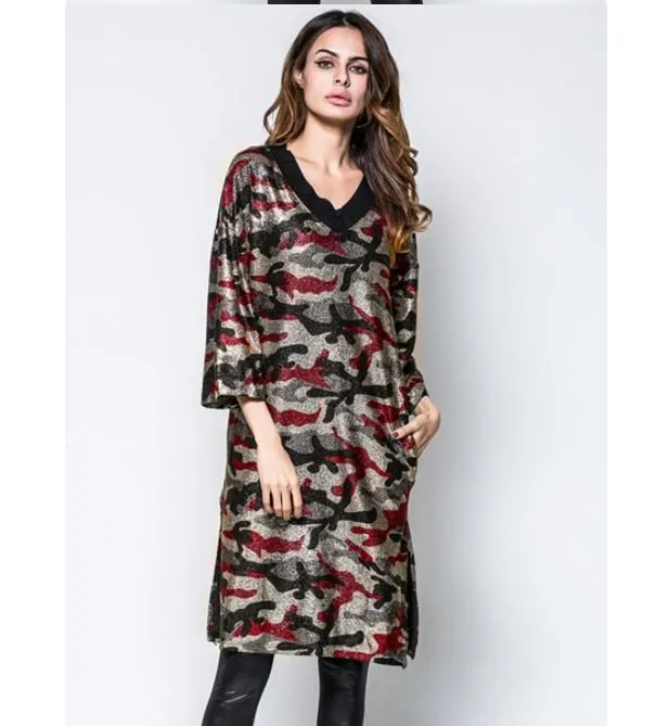 Camouflage V Neck Long Sleeve Shift Dresses