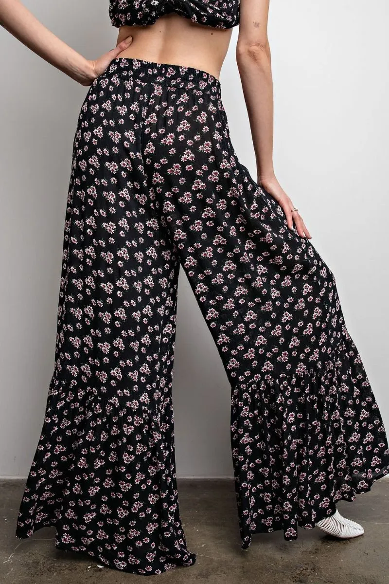 Easel Baby Daisy Print Palazzo Pants - Black