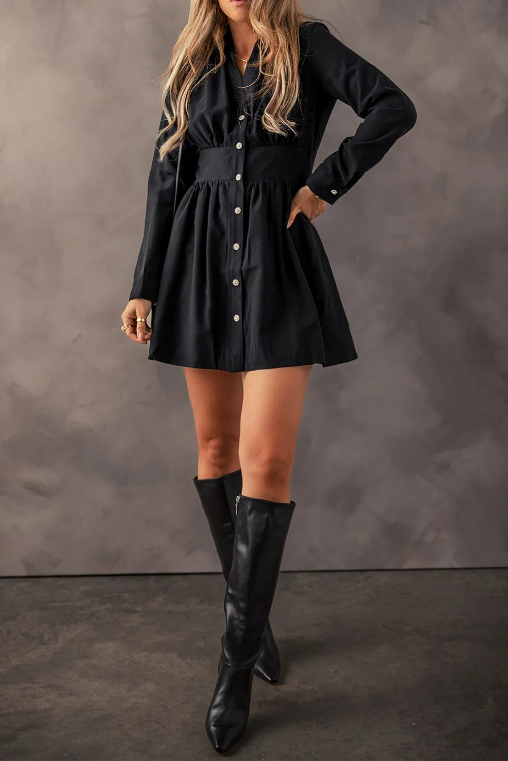 Elastic Cinched High Waist Shirt Mini Dress