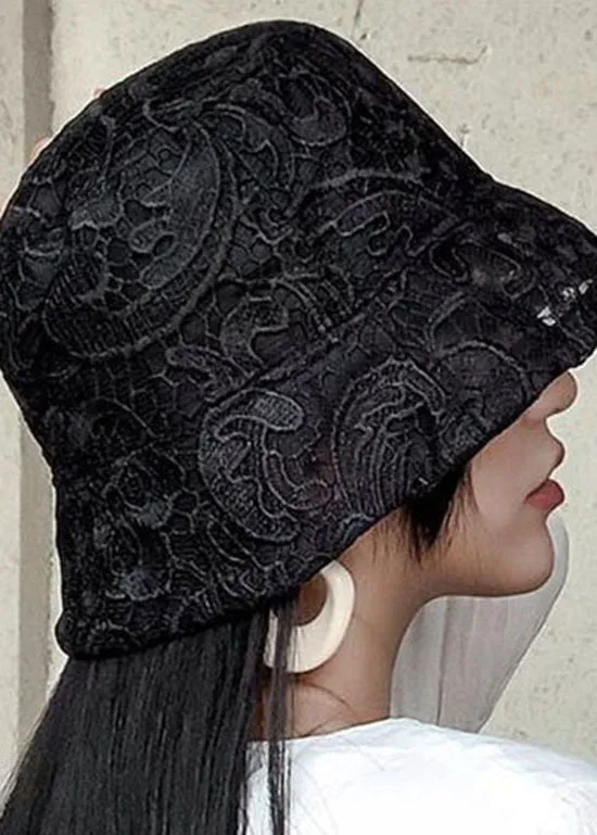 Fashion Black Hollow Out Floral Lace Bucket Hat LC0545