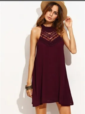 Fashion Solid Hollow Hanging Neck Shift Dress