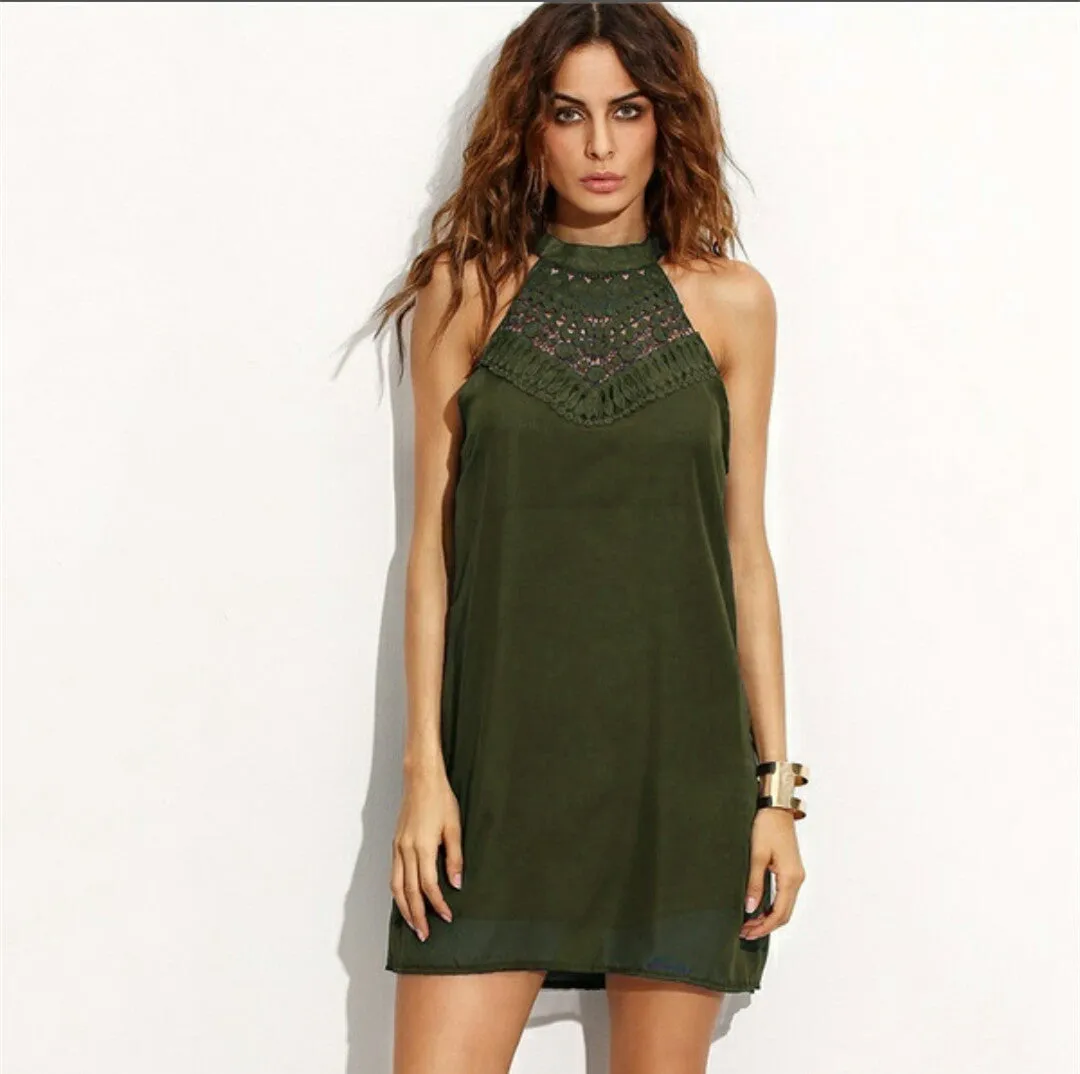 Fashion Solid Hollow Hanging Neck Shift Dress