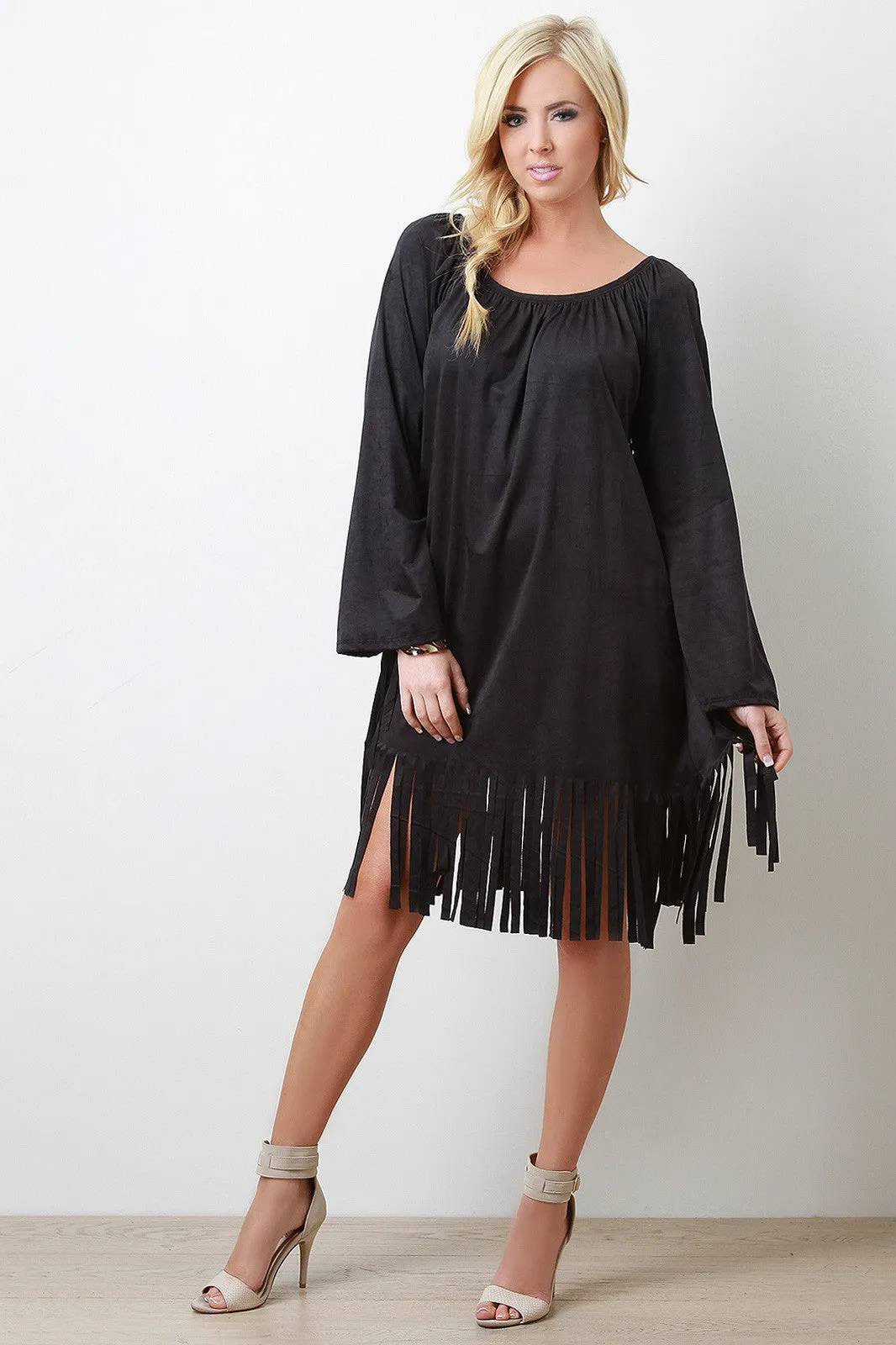 Faux Suede Fringe Shift Dress