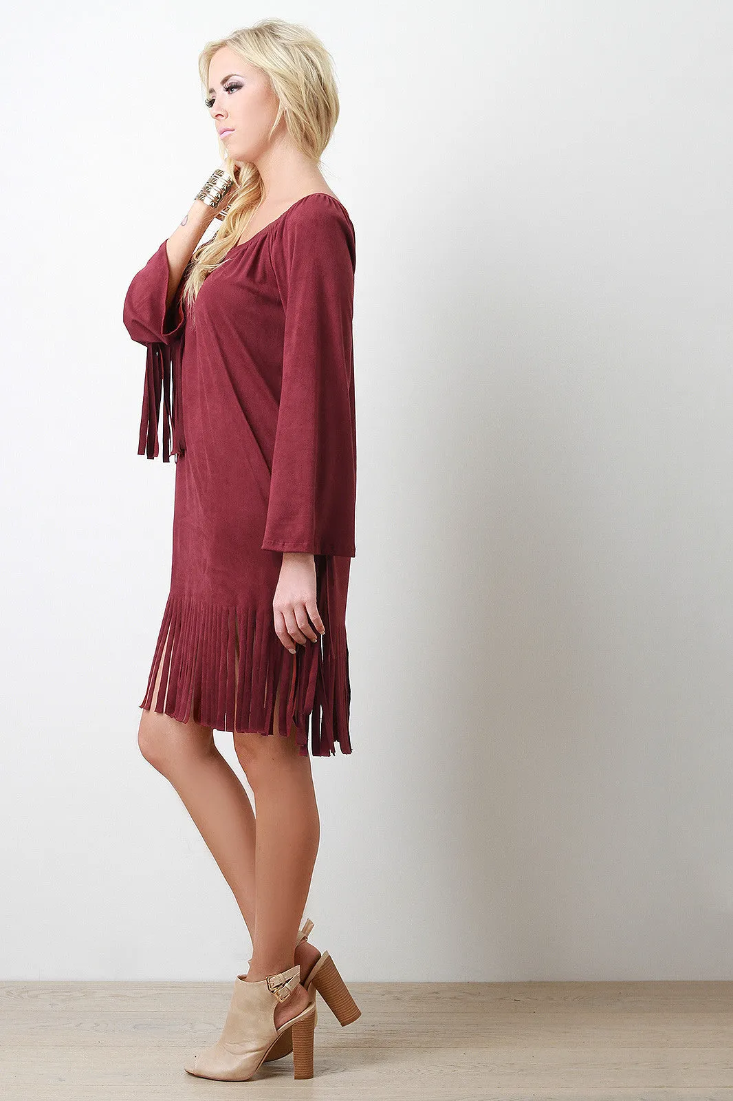 Faux Suede Fringe Shift Dress