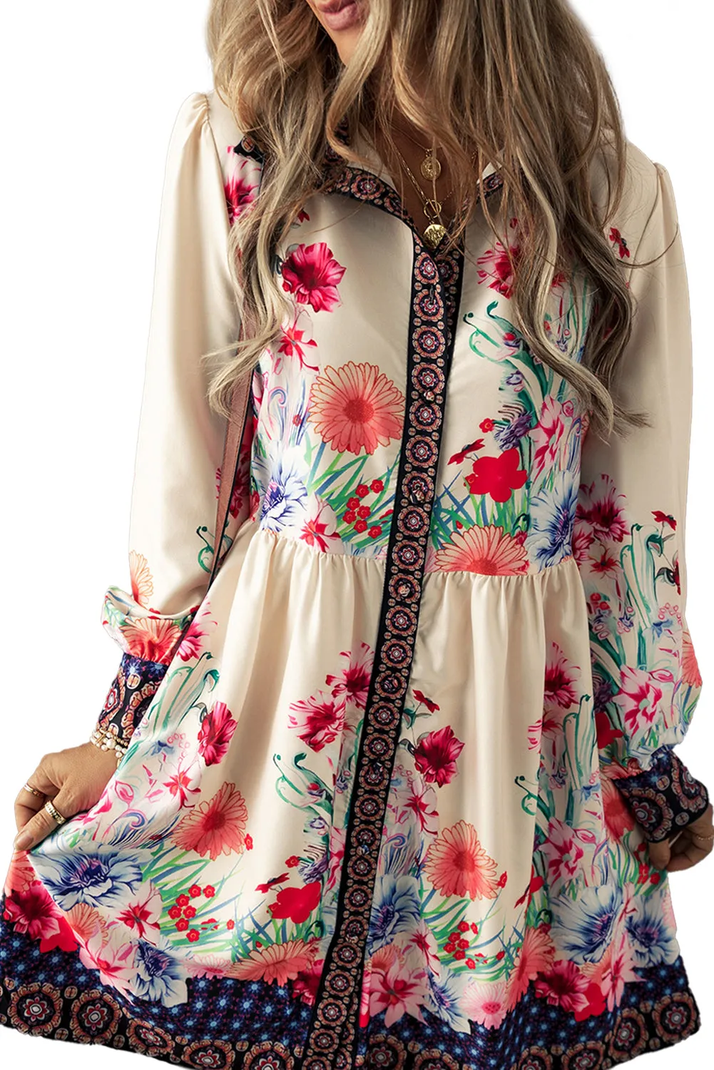 Floral High Waist Shirt Mini Dress