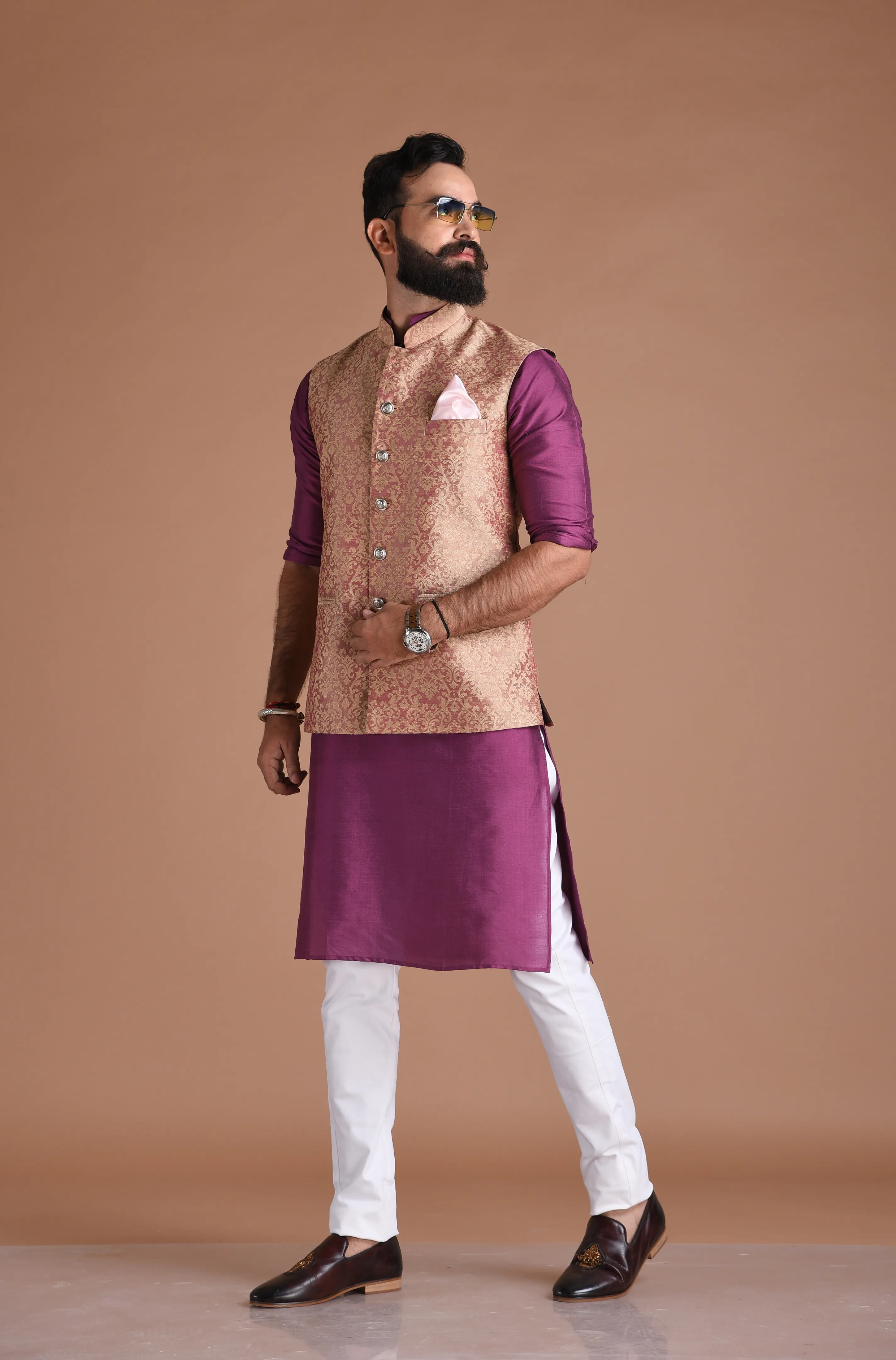 Floral Pattern Purple Half Jodhpuri Jacket With Kurta Pajama Set