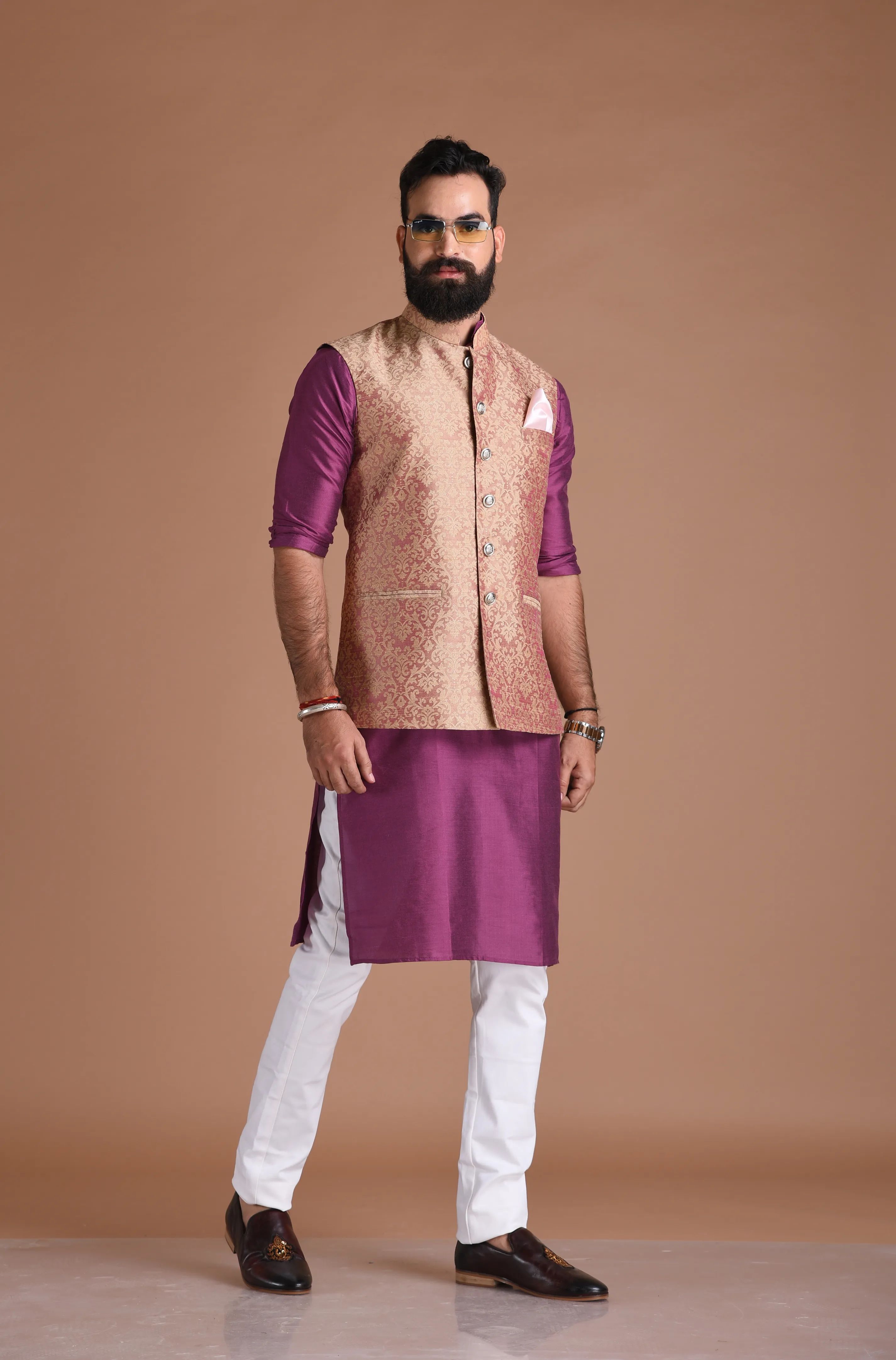 Floral Pattern Purple Half Jodhpuri Jacket With Kurta Pajama Set