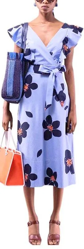 Floral-Print Flutter-Sleeve Dress - Blue or Black