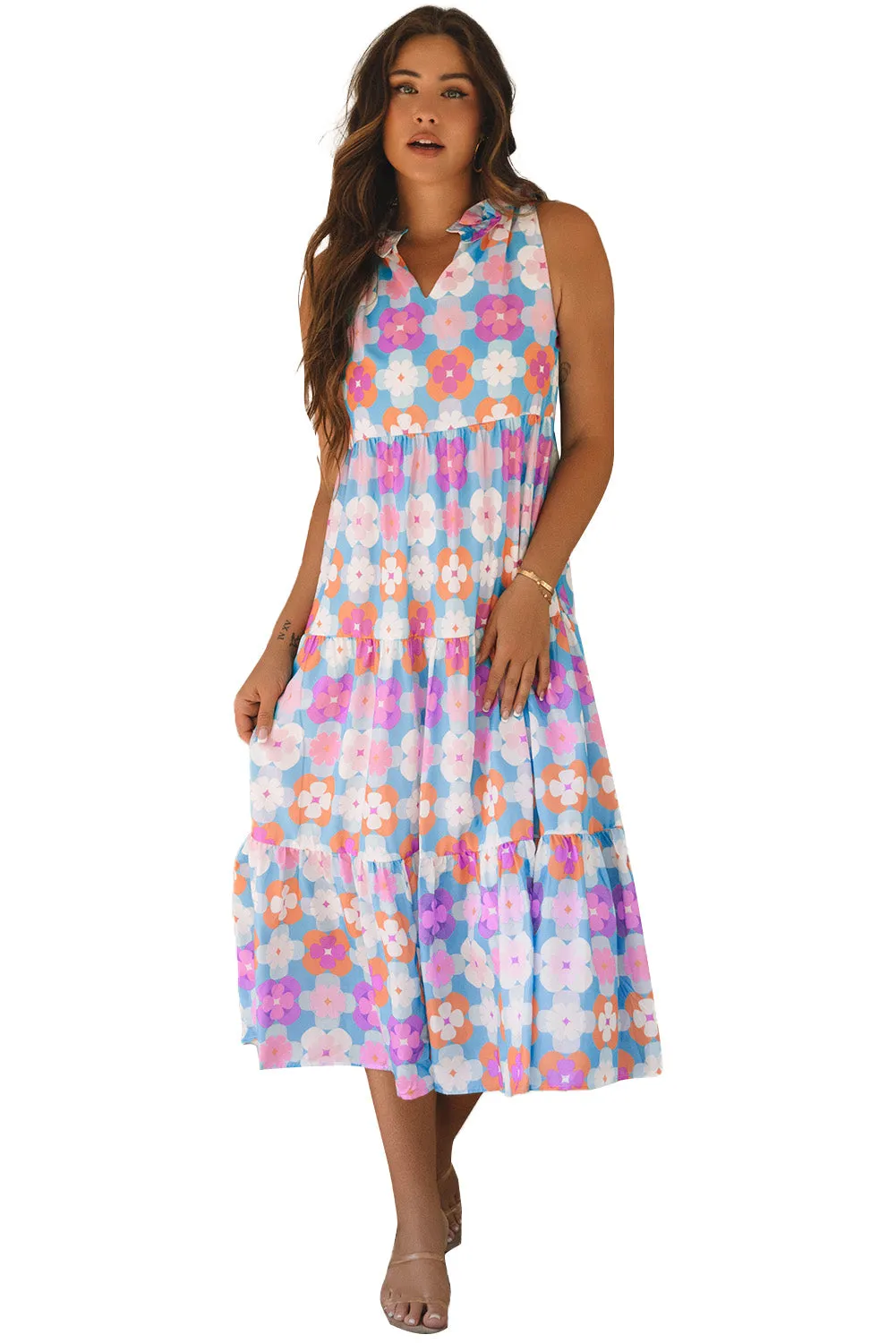 Floral Print Sleeveless Tiered Maxi Dress