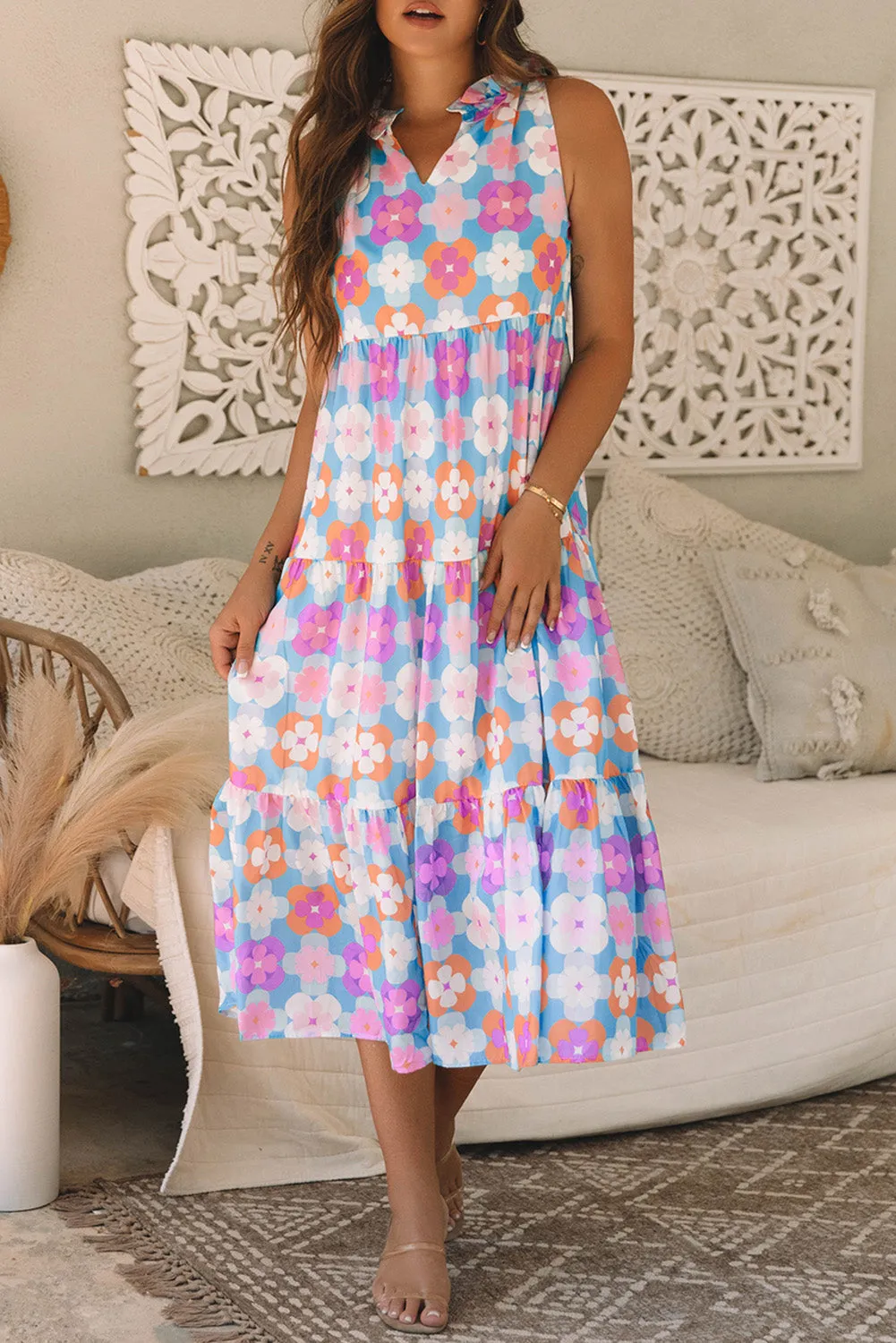 Floral Print Sleeveless Tiered Maxi Dress