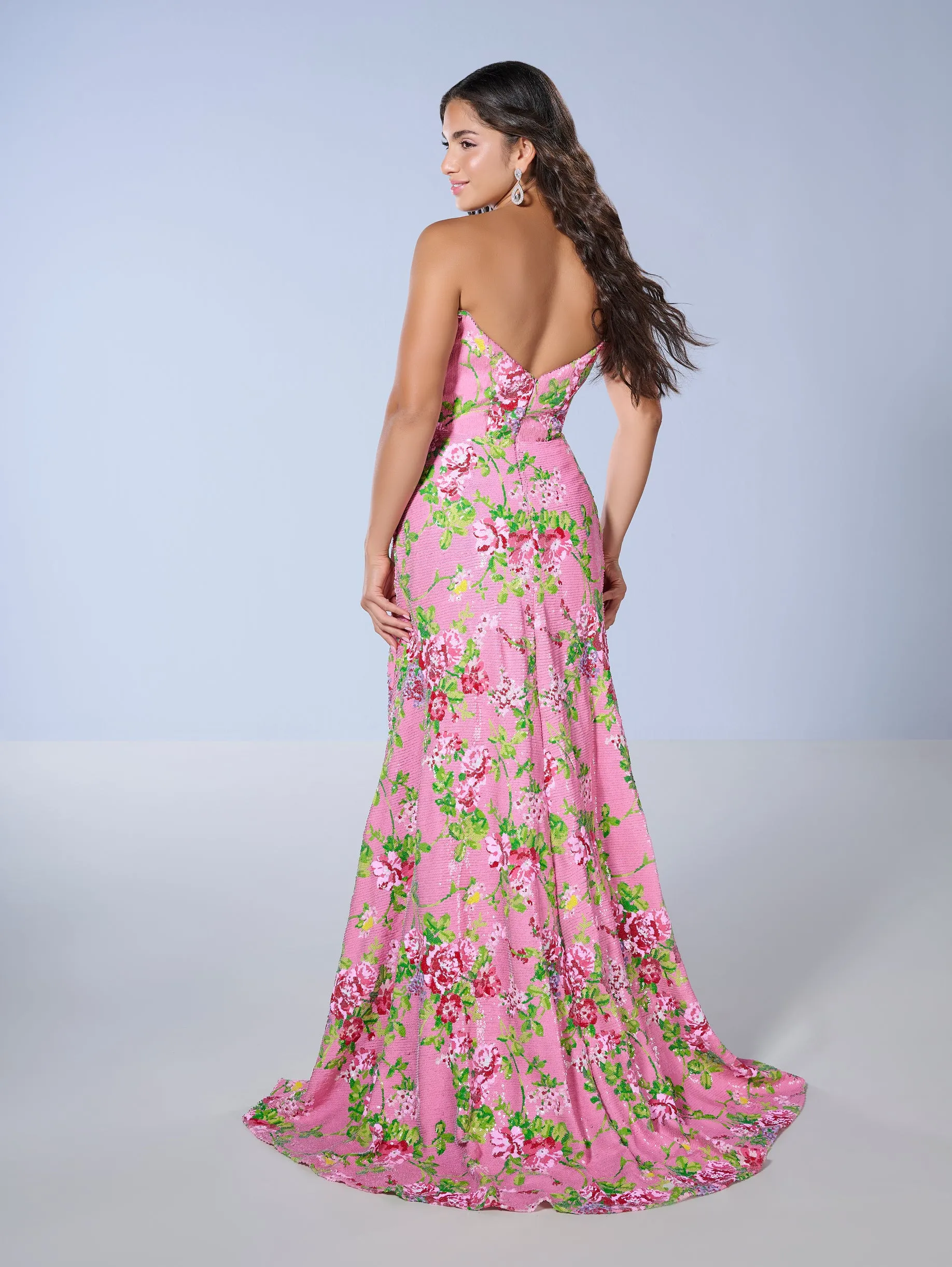 Floral Print Strapless Slit Gown by Tiffany Designs 16143