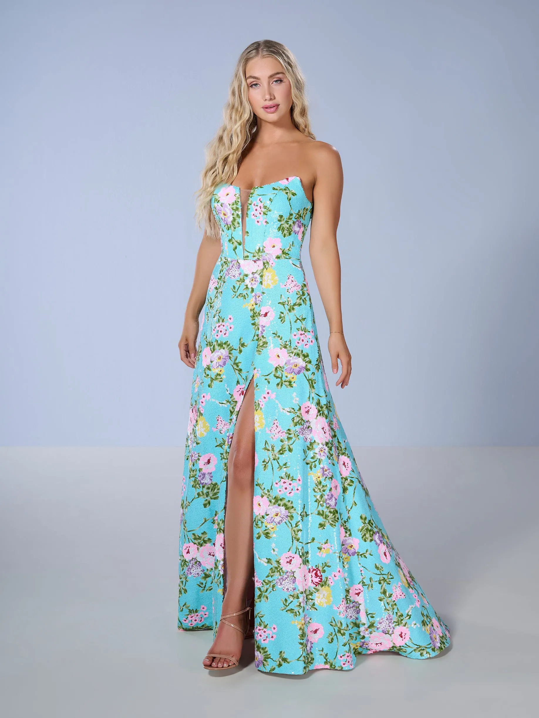 Floral Print Strapless Slit Gown by Tiffany Designs 16143