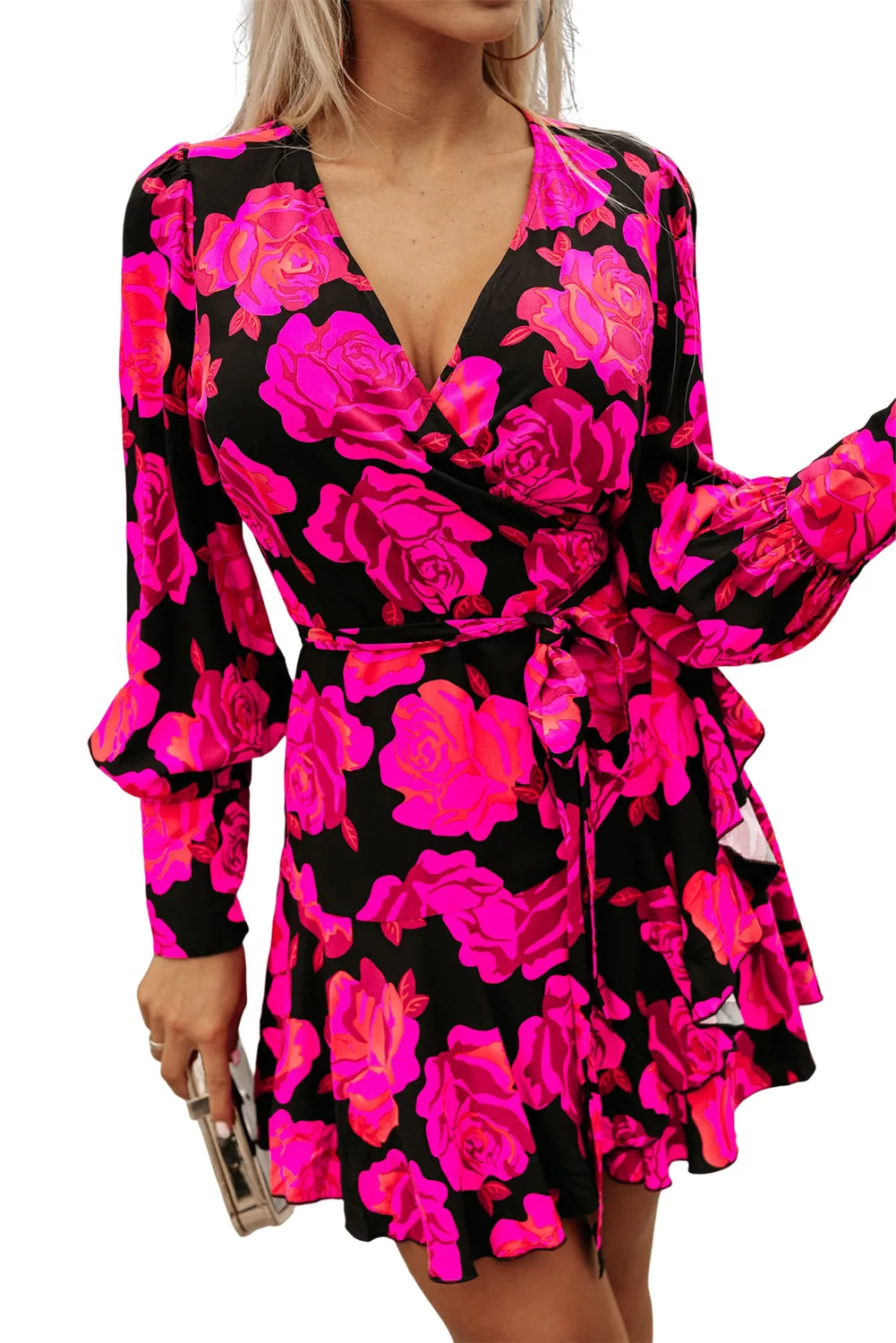 Floral Print V Neck Wrap Bishop Sleeve Ruffle Tiered Mini Dresses