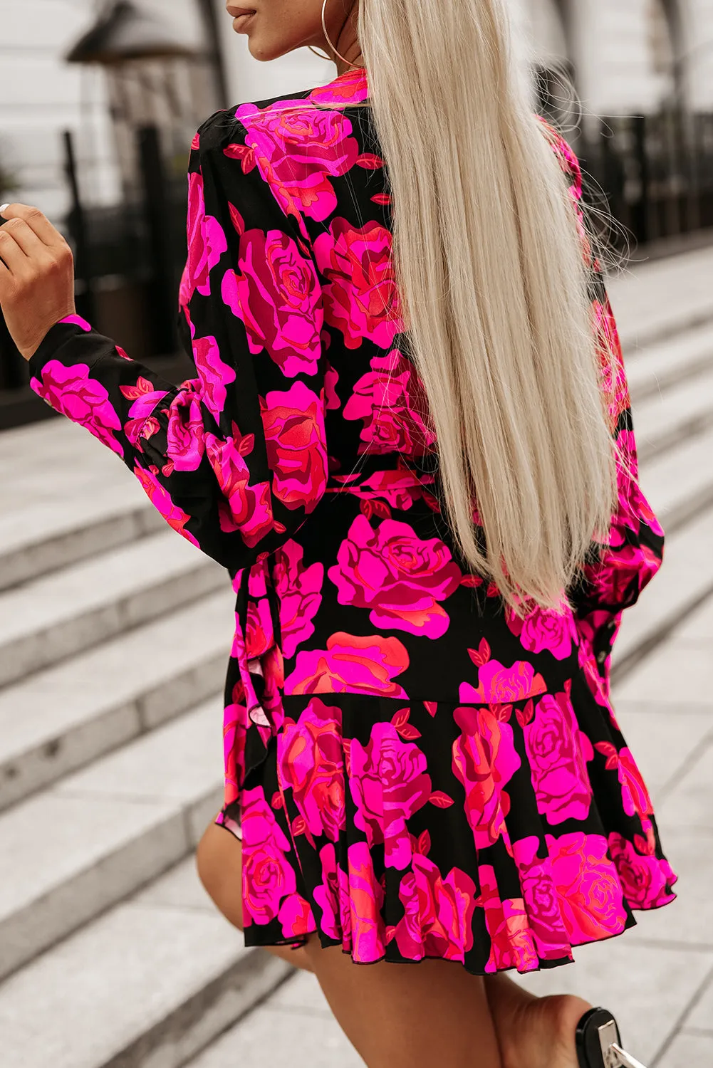 Floral Print V Neck Wrap Bishop Sleeve Ruffle Tiered Mini Dresses