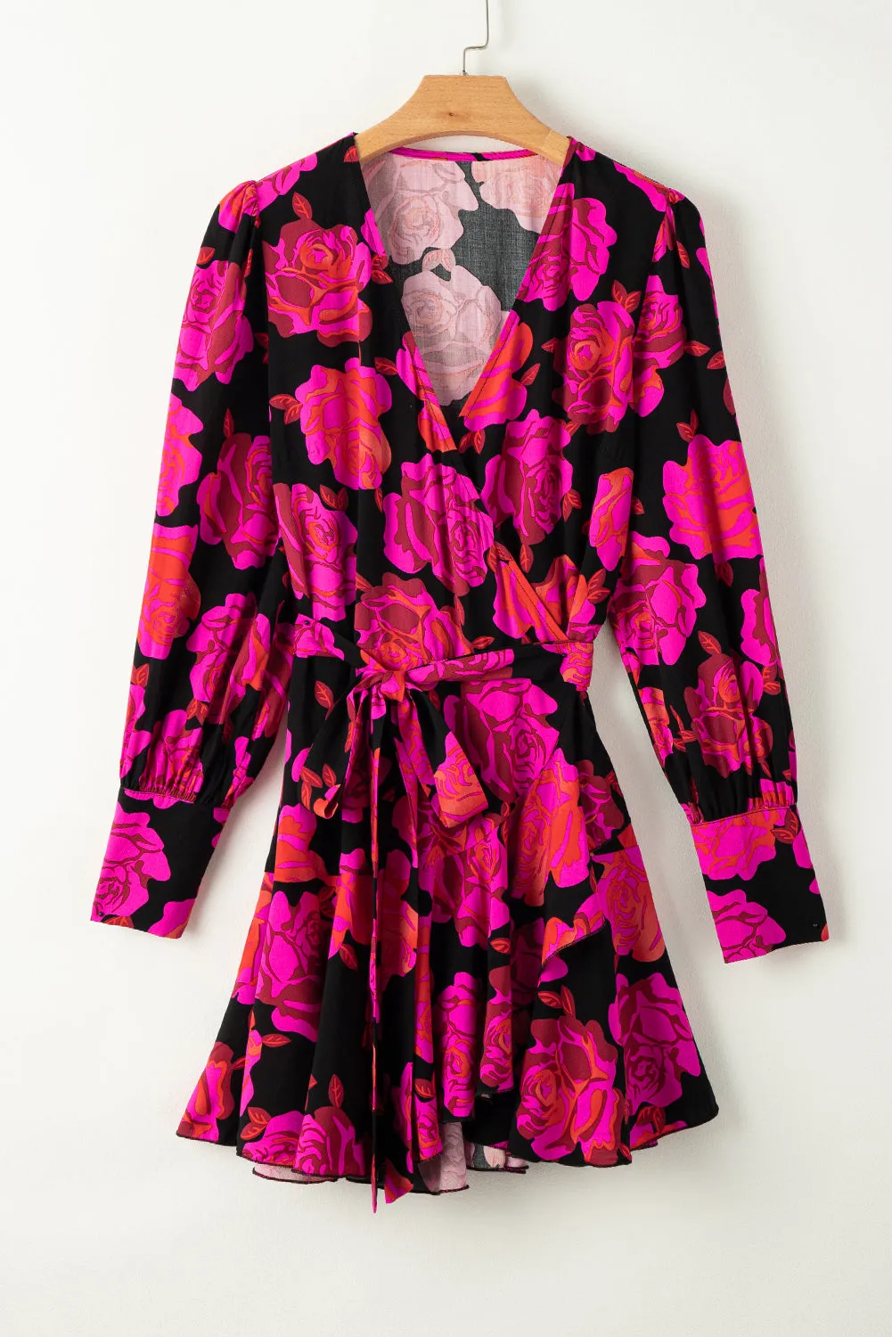 Floral Print V Neck Wrap Bishop Sleeve Ruffle Tiered Mini Dresses