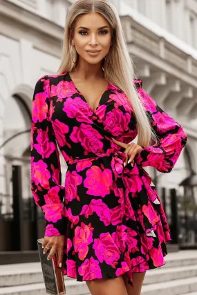 Floral Print V Neck Wrap Bishop Sleeve Ruffle Tiered Mini Dresses