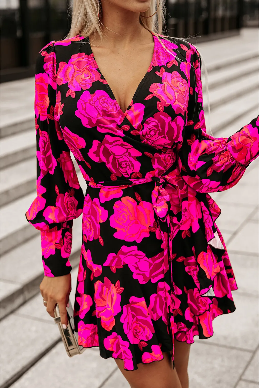 Floral Print V Neck Wrap Bishop Sleeve Ruffle Tiered Mini Dresses