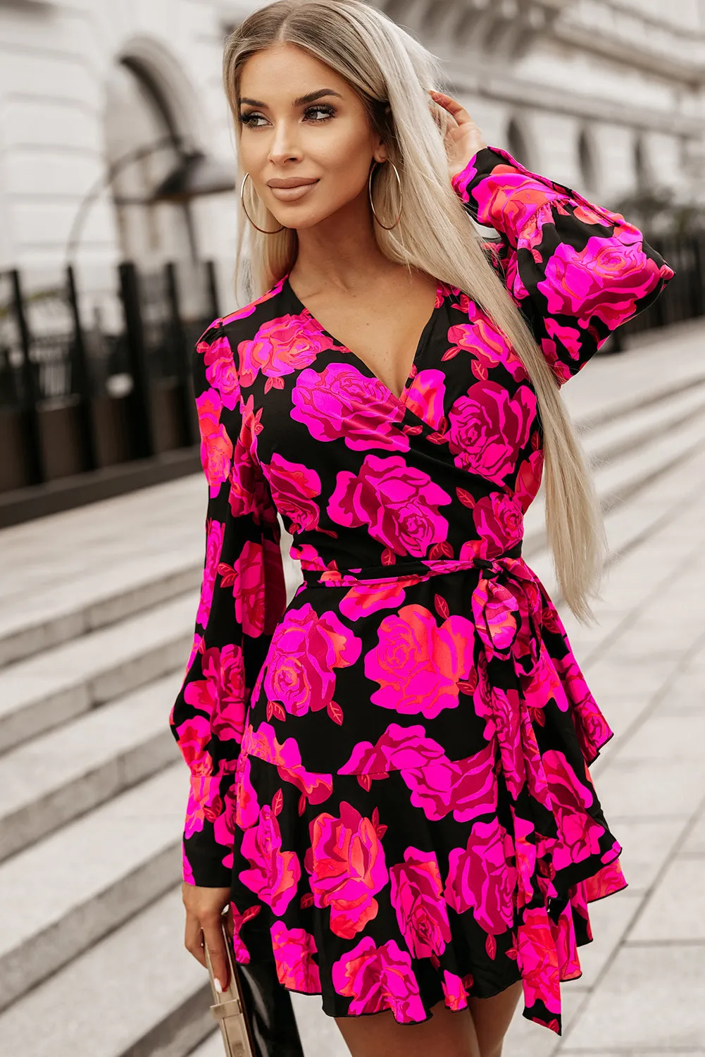 Floral Print V Neck Wrap Bishop Sleeve Ruffle Tiered Mini Dresses