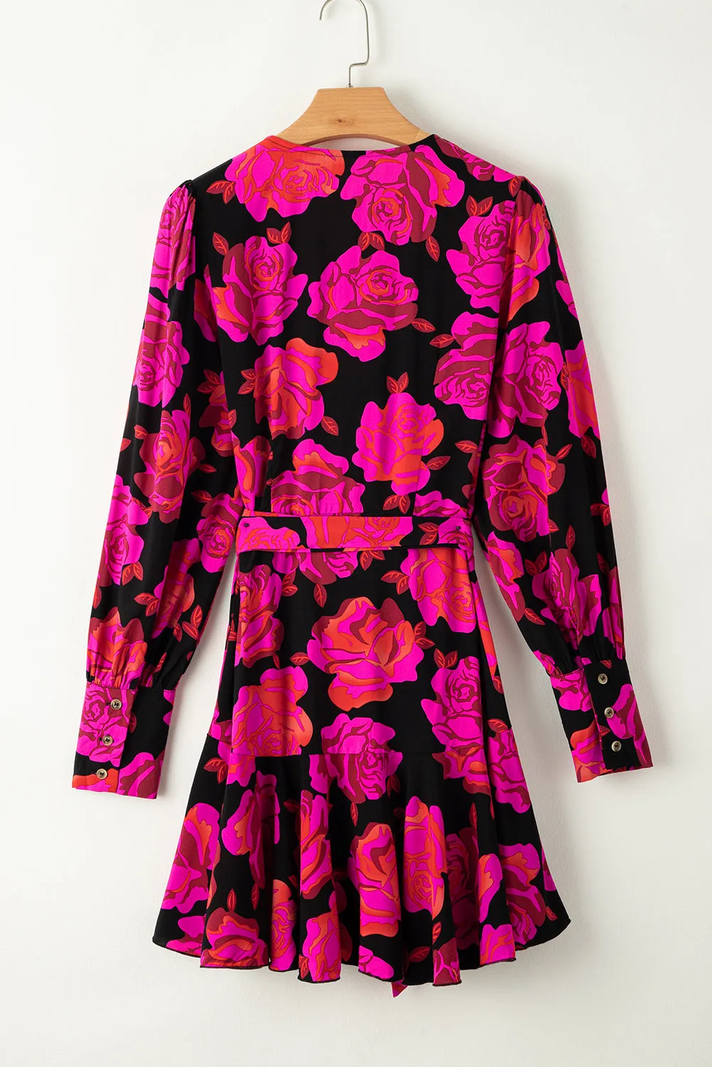 Floral Print V Neck Wrap Bishop Sleeve Ruffle Tiered Mini Dresses