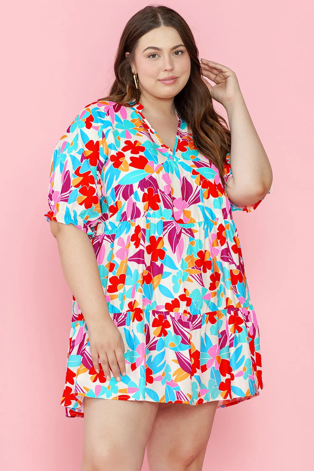 Floral Tiered V Neck Plus Dress