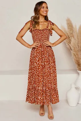 Flowy Leopard Print Tie Strap Maxi Beach Vacation Dress - Rust