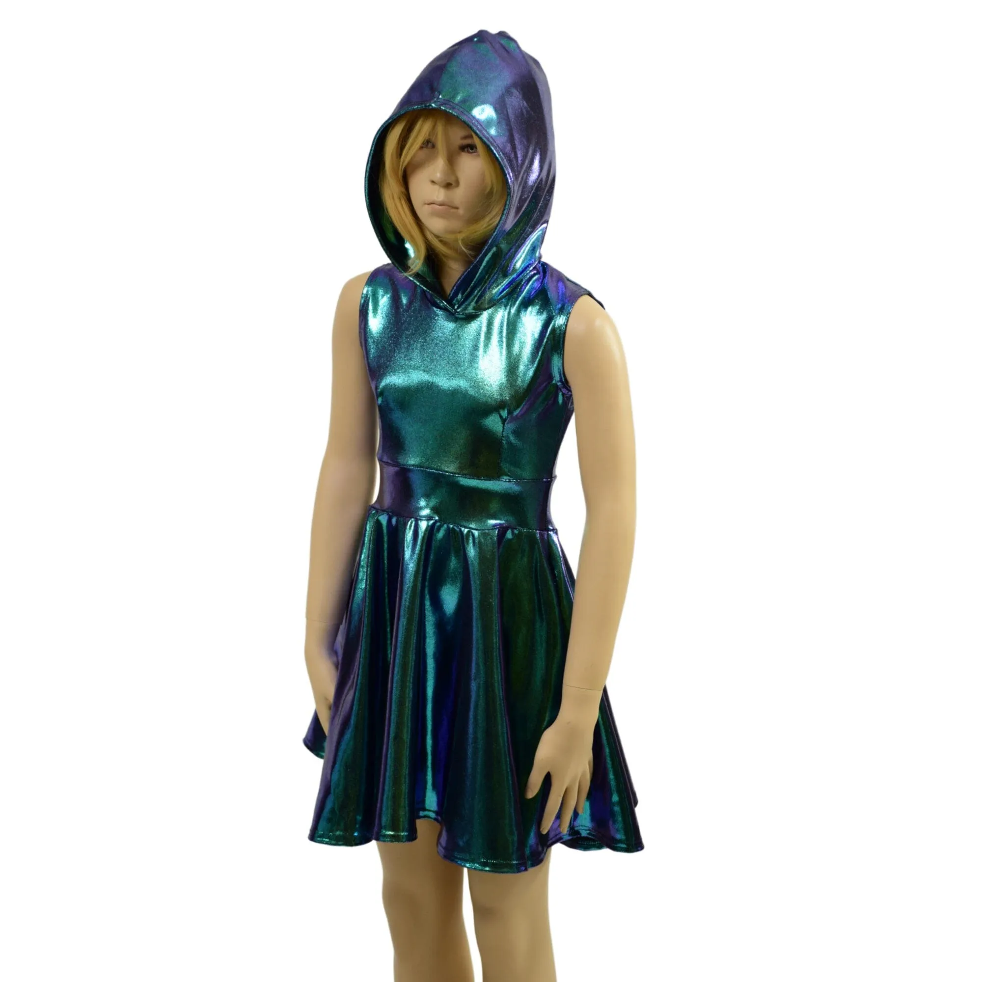 Girls Sleeveless Hooded Skater Dress in Scarab