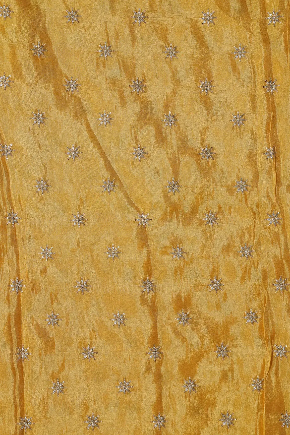 Gold Zari With Sequins Small Floral Booti Embroidery Work On Yellow Pure Viscose Zari Tissue Fabric