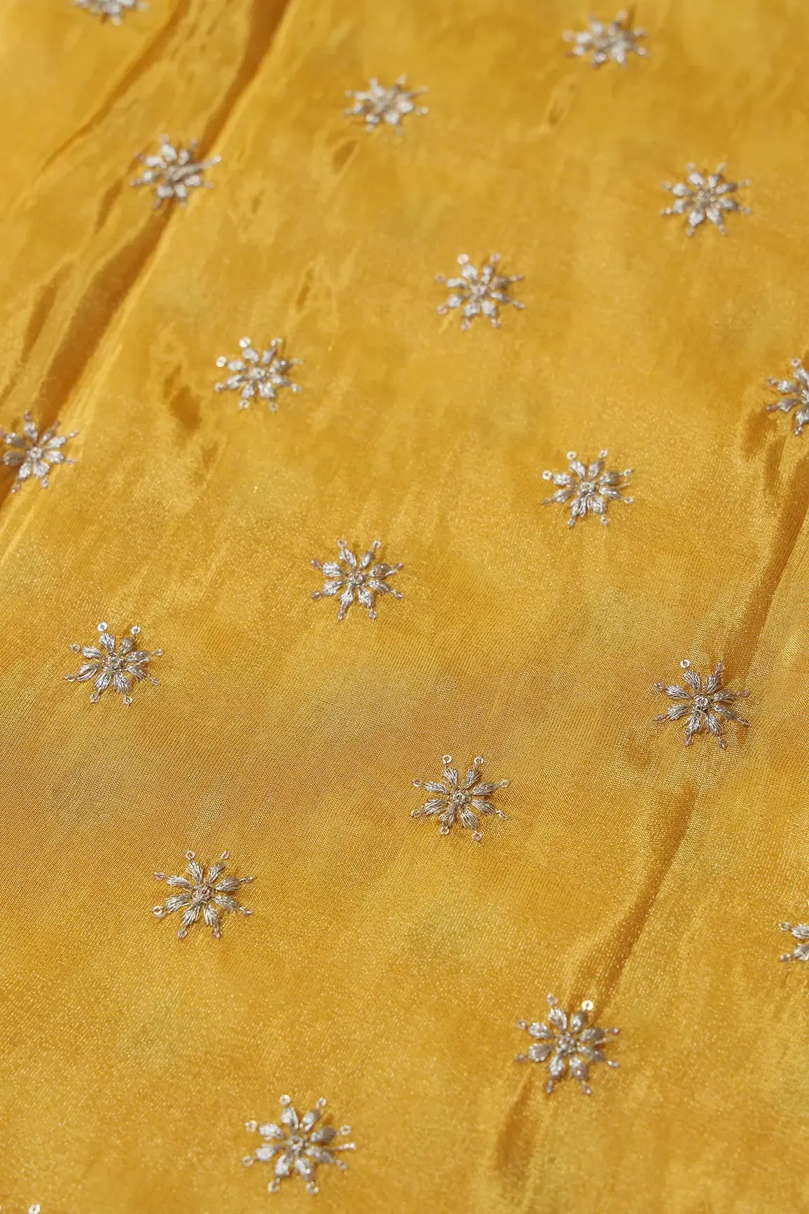 Gold Zari With Sequins Small Floral Booti Embroidery Work On Yellow Pure Viscose Zari Tissue Fabric