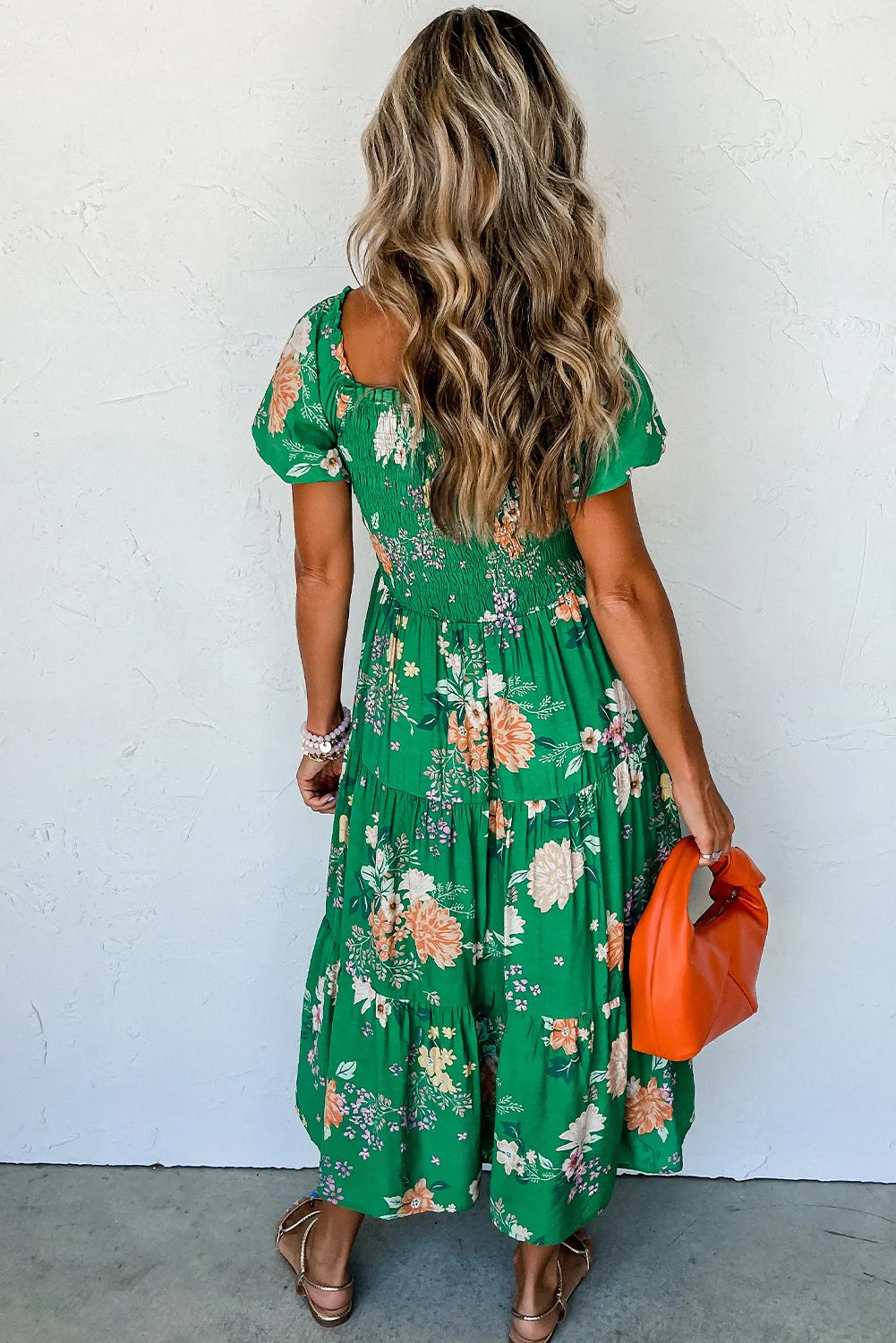 Green Floral Print Bubble Sleeve Smocked Tiered Midi Dress