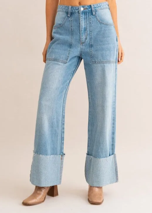 High-Waisted Wide Leg Cuffed Jeans